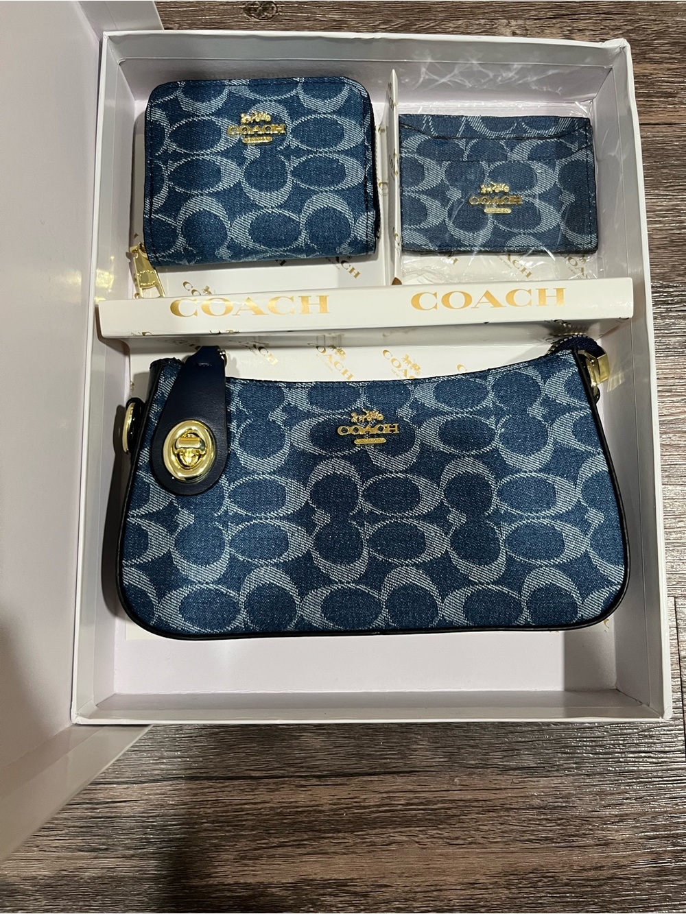 Coach Blue Signature Denim Shoulder Bag Set with Gold Hardware
